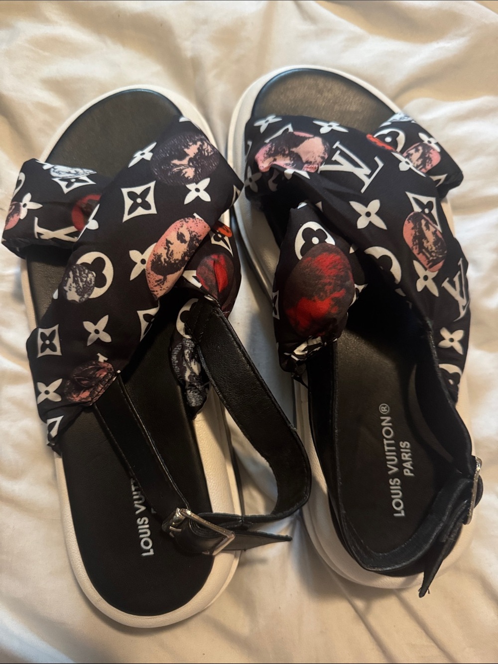Louis Vuitton Black Multicolor Monogram Bow Slide Sandals